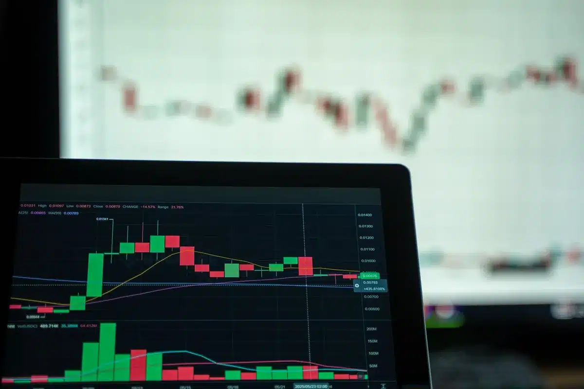 Grafico di borsa in ascesa con dati finanziari e schermo di trading
